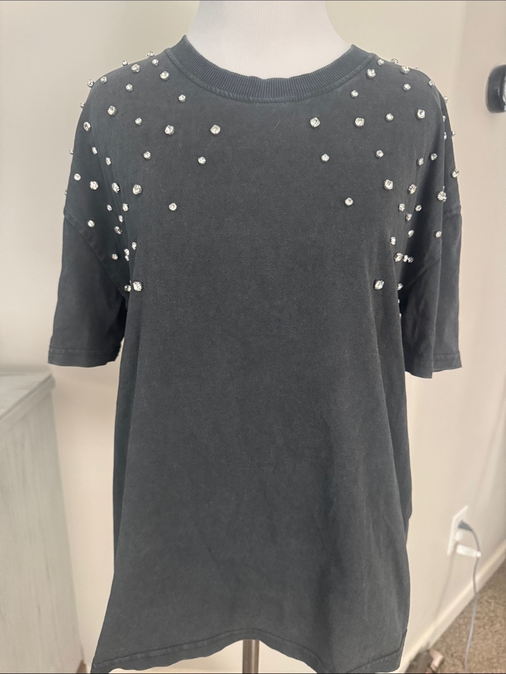 Zara Embellished Black Crewneck Top, sz S